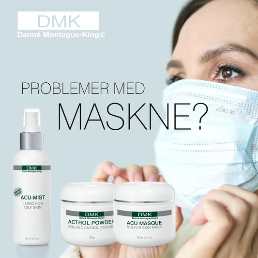 Dame med munnbind. Problem med maskne spør de om? Viser til produktene acu mist, actrol powder og acu masque. Foto